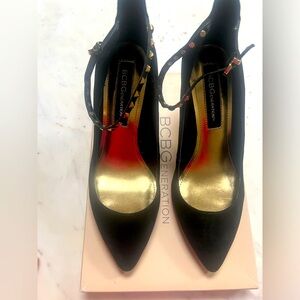 Black and gold strappy studded heels